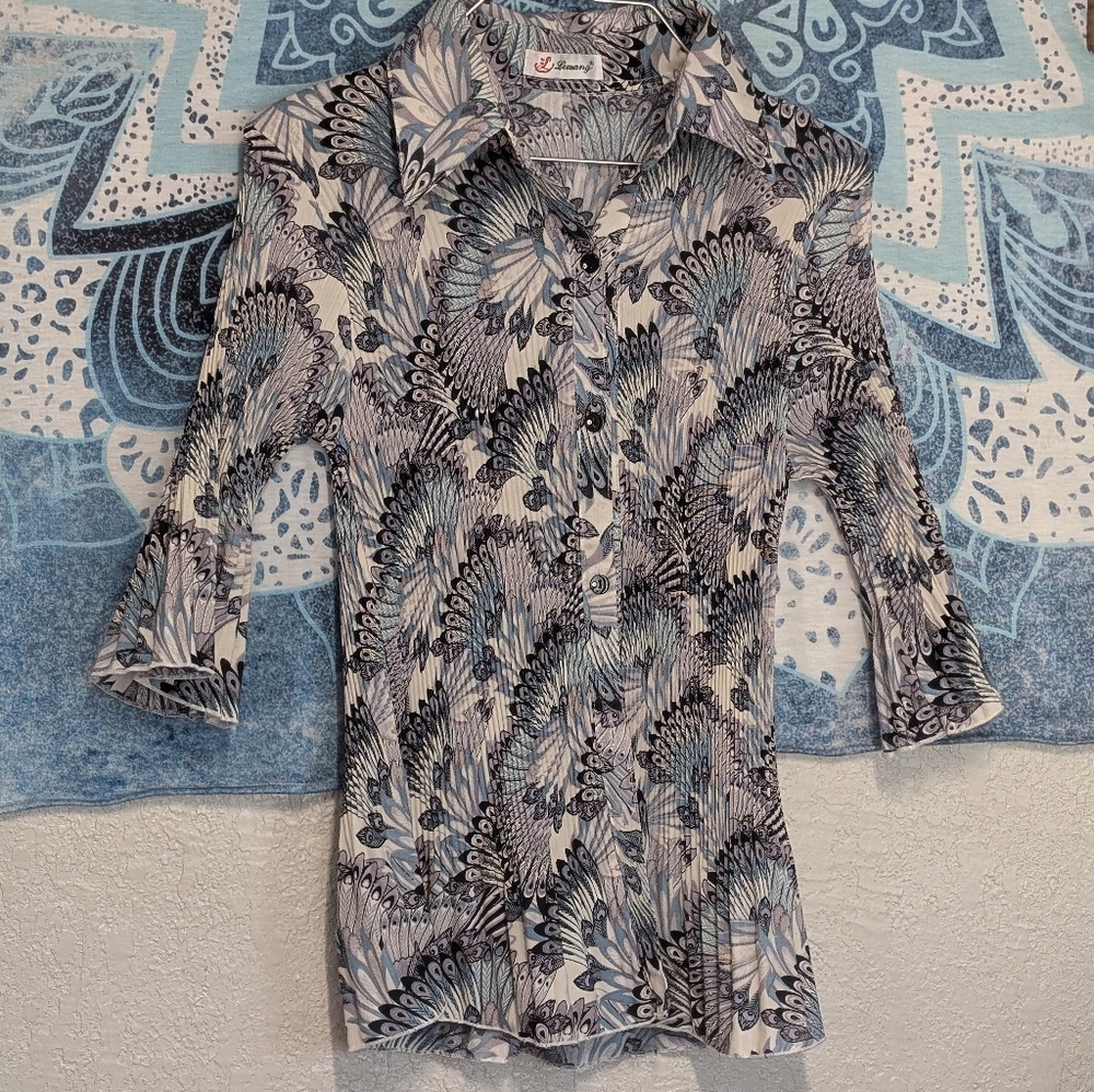 Retro Pleated Top S Blue Peacock Shimmery fairy festival Whimsy boho Indie Twee